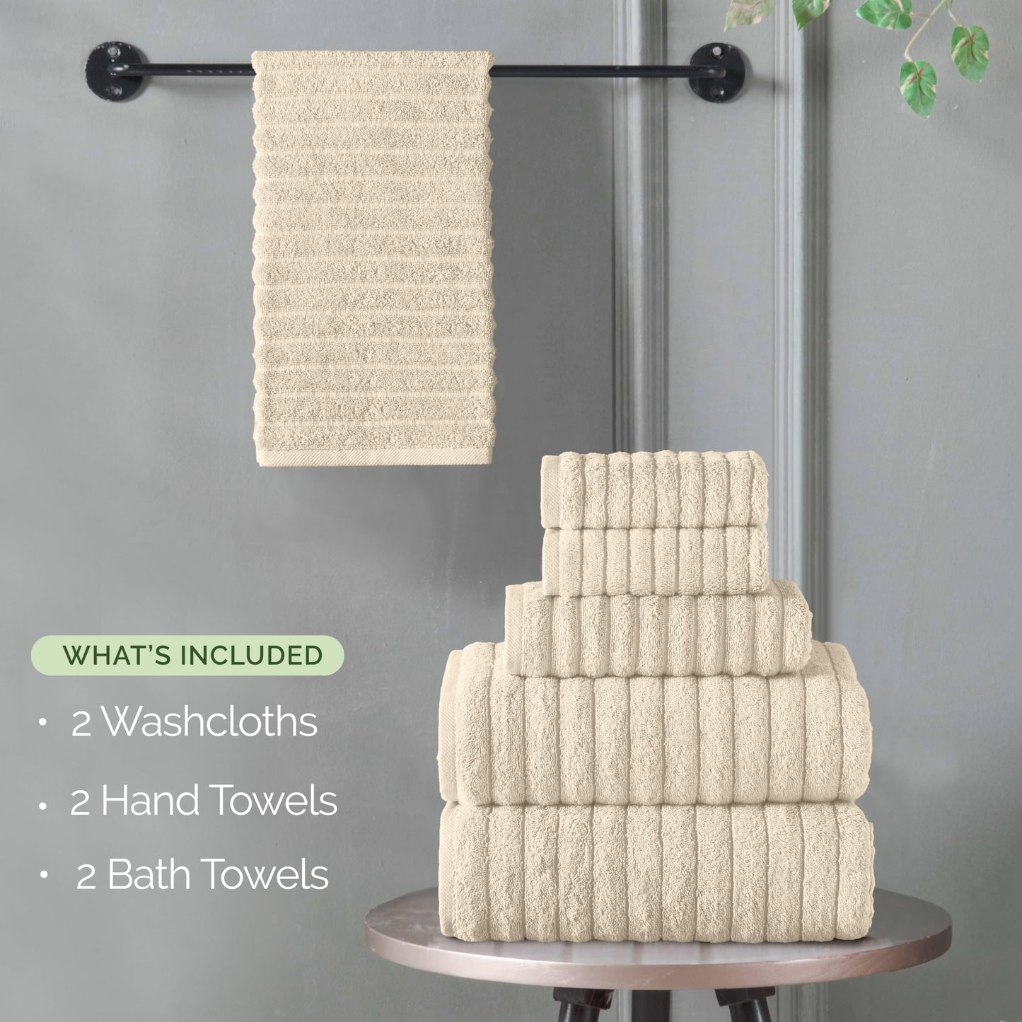 Elegant Comfort 100% Turkish Cotton Corduroy Ribbed Luxury Bath Towels 6-Piece Set, Premium Feel - Quick Dry, Highly Absorbent, Contains 2 Bath Towels, 2 Hand Towels, and 2 Washcloths, Ivory