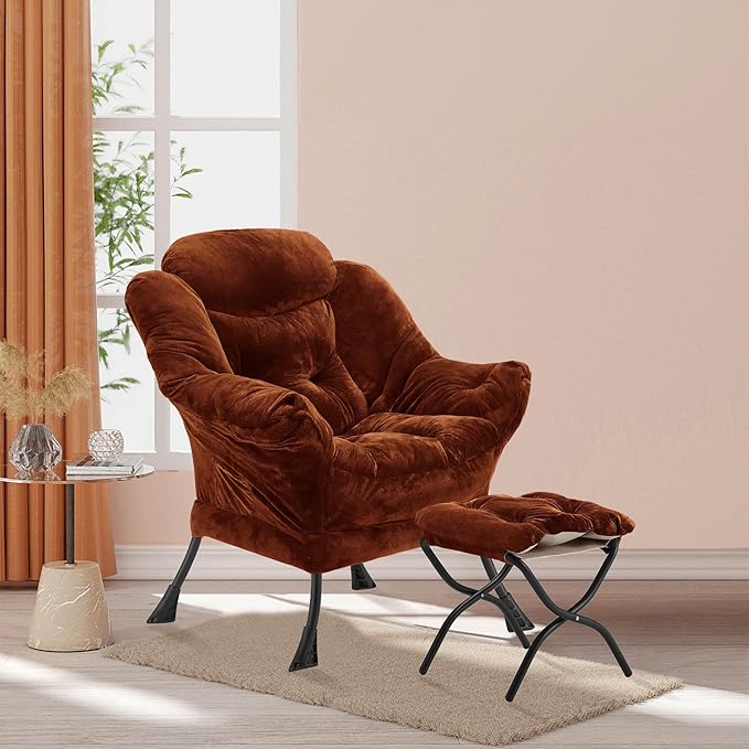 Youtanic Lazy Chair with Folding Ottoman, Accent Chair Plush Upholstered with Metal Structure and Non-Slip Pads, Sofa Armchair with Footrest and Side Storage Bag for Dorm, Room, Office, Brown