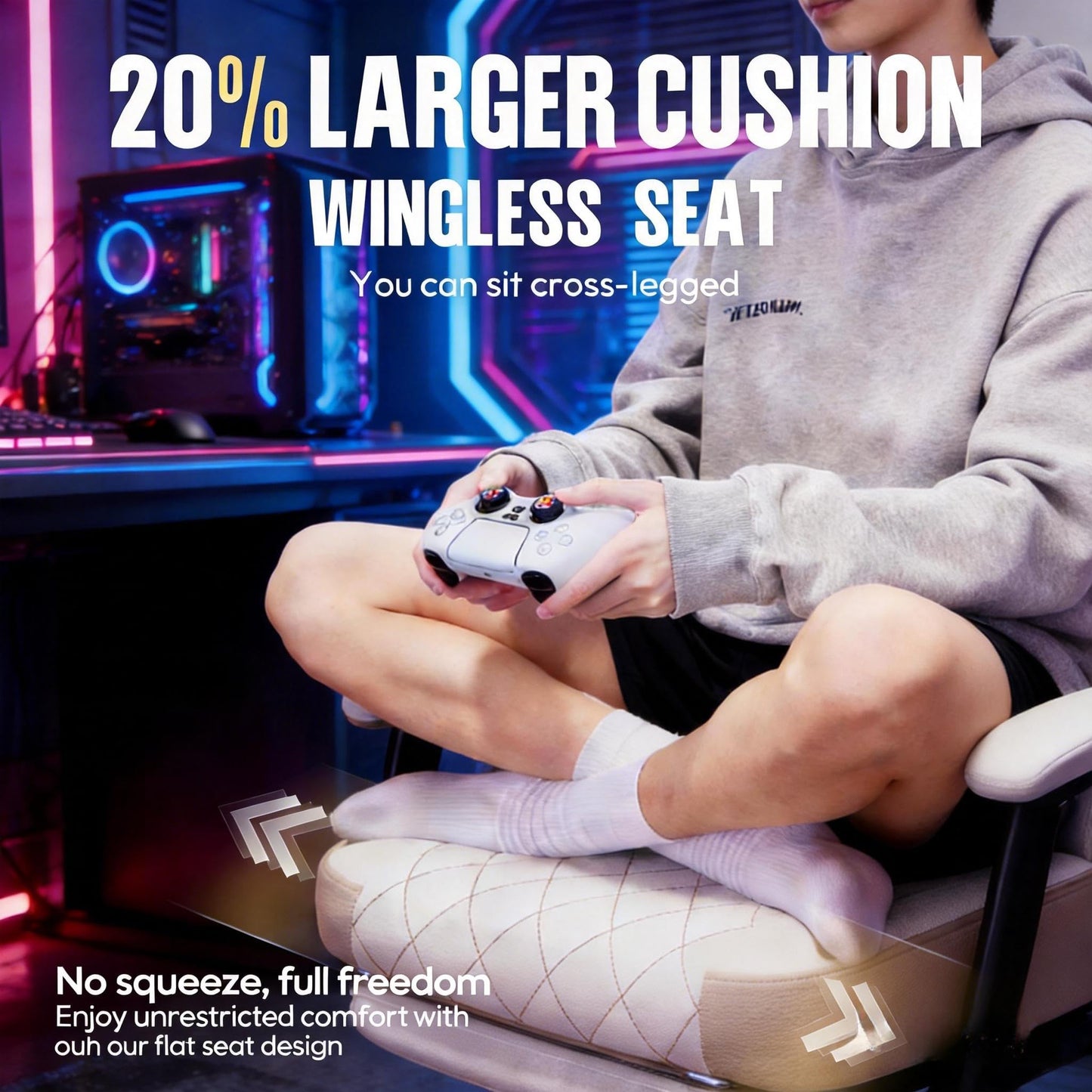 Dowinx Gaming Chair with Pocket Spring Cushion, Massage Lumbar Pillow & Footrest, Wide Seat with Padded Armrests, Breathable Fabric, Reclining Computer Chair for Home Office-Beige