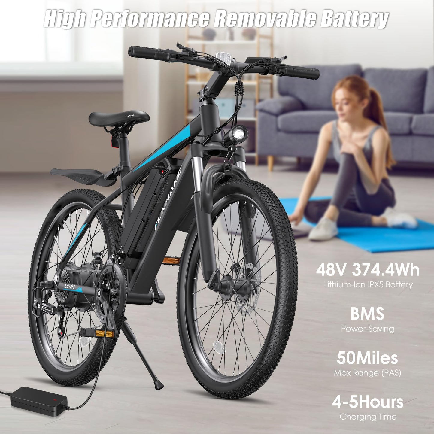 Funhang Electric Bike for Adults, Peak 1000W Ebike, 50Miles 21.7MPH Adult Electric Bicycles, 26" Electric Mountain Bike 48V 374.4WH Battery, Commuter E Bike with Adjustable Stem, Fenders, 21 Speed