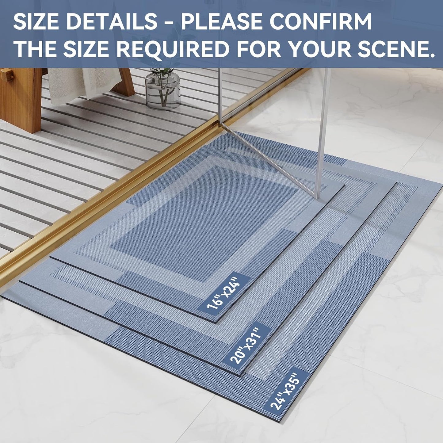 Non Slip Bath Mat, Rubber Backing Ultra Thin Bathroom Rugs Fit Under Door Quick Dry Super Absorbent Washable Bath Rug Shower Mat for Bathroom Floor Bathtub Shower Sink, Easy Care Blue 24"x 35"
