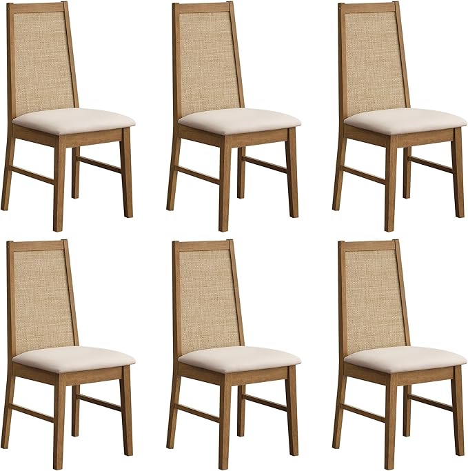 SICOTAS Wood Dining Chairs Set of 6 - Rattan Dining Room Chairs with Solid Wood Leg, Farmhouse Upholstered Kitchen Chairs High Back, Modern Armless Dining Chair for Dining Room, Kitchen, Oak, 6PCS