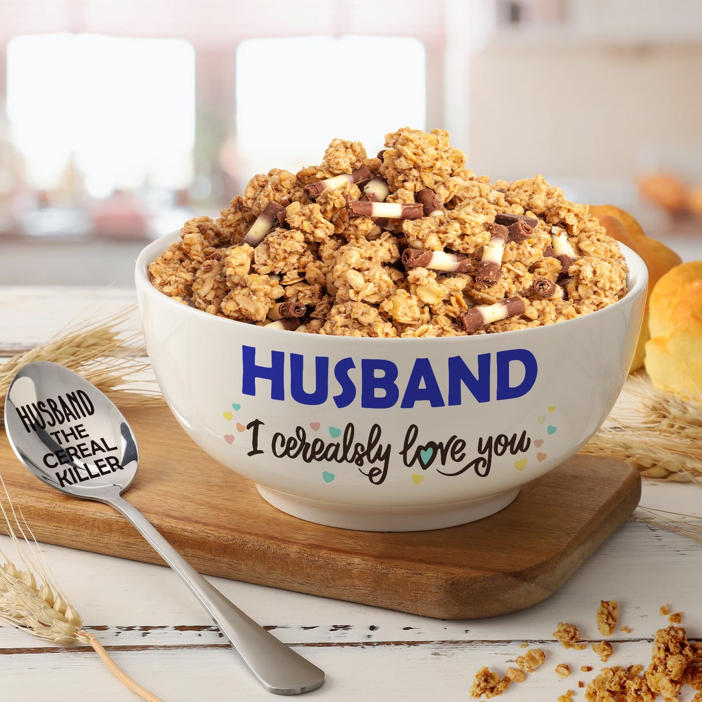 YEUYUQIU Gifts for Husband - Husband Gifts from Wife - Wedding Anniversary, Husband Cereal Bowl and Cereal Killer Spoon Set - I Love You Gifts for Him - Christmas Birthday Gifts for Husband