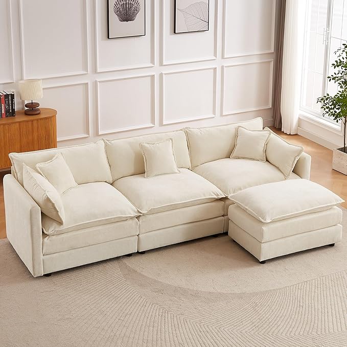 saows Modular Sectional Sofa, 112.2 Inch L Shaped Couch Set with Armrests, 3-Seater Comfy Cloud Couches with Movable Ottoman for Living Room Apartment, Beige