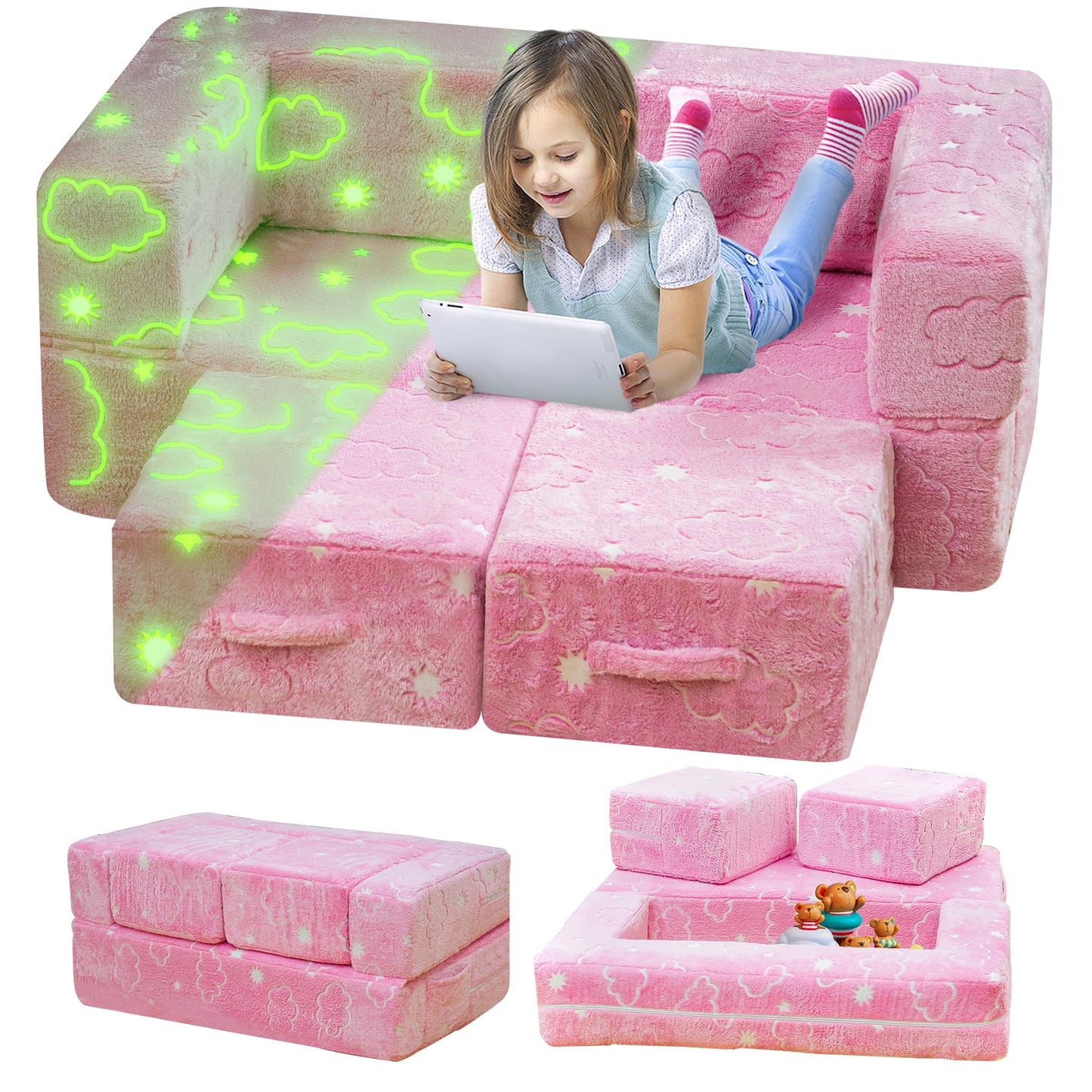furlinkhm Toddler Couch, Glow in The Dark Kids Play Couch Toddler Fold Out Couch, Kids Fold Out Couch for playroom, Convertible Baby Fold Out Play Foam and Floor Cushion for Bedroom, Pink+Clouds