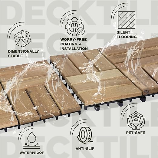VICTORY RELAX Acacia Wood Decking Tiles 27PCS - Easy Snap Interlocking Deck Tiles for Patio Poolside Balcony Decor - All Weather Waterproof Flooring for Indoor & Outdoor (Round Joints)
