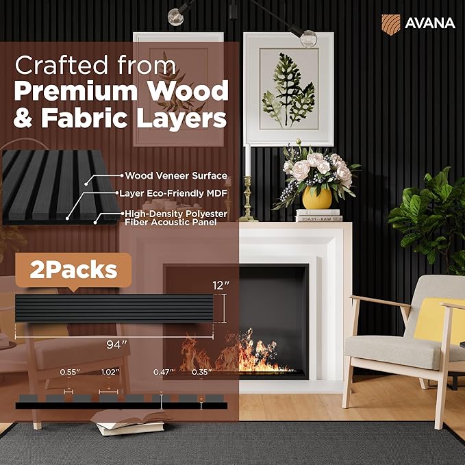 Avana Acoustic Wood Wall Panels – 94.4 x 12.6 Inch Black Oak Acoustic Panels 2 PCs – Wall Panels For Interior Wall Decor For Homes, Offices, Studios – Pleasing Decorative Wood Panels For Wall