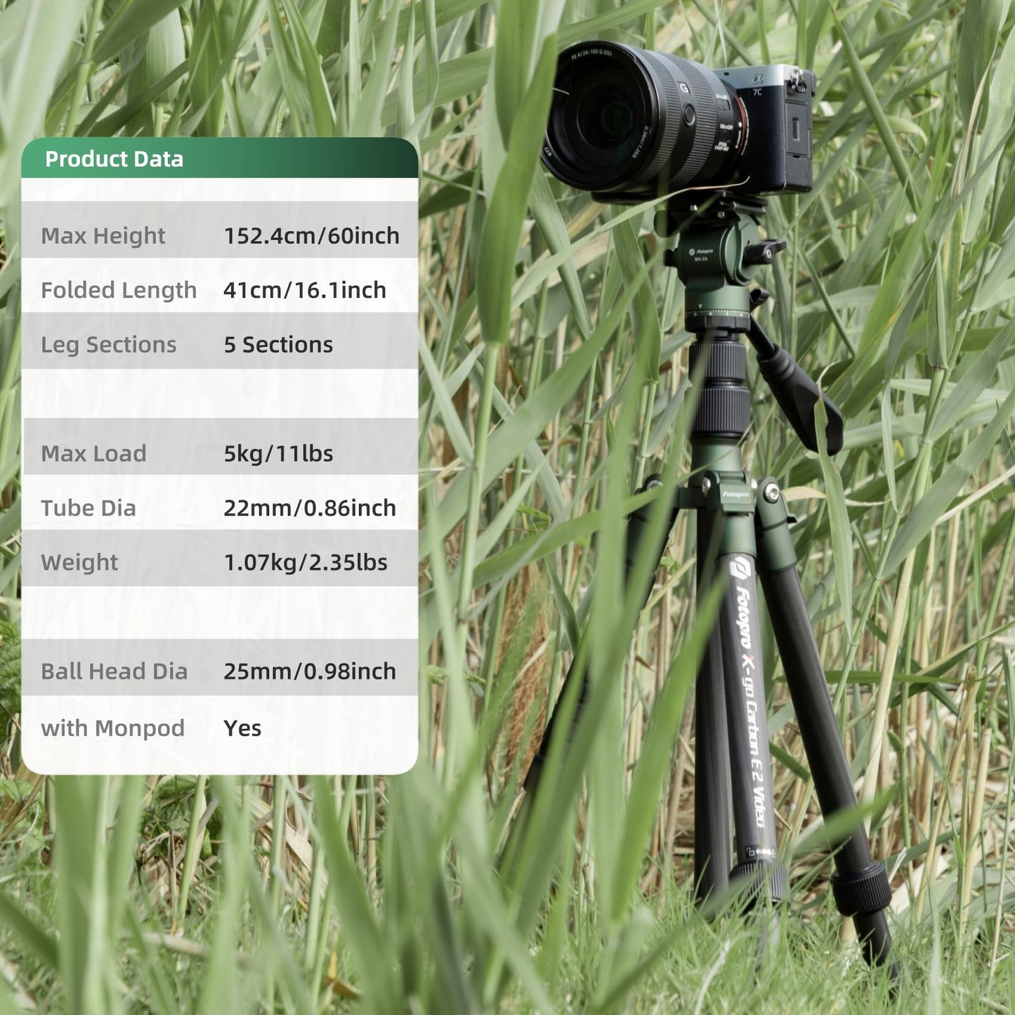 Fotopro 62" Carbon Fiber Camera Video Tripod, 2.3lbs Lightweight Travel Compact Tripods with Fluid Head, Detachable Monopod with Arca-Swiss Quick Release Plate, Load up to 11lbs,Compatible with DSLR
