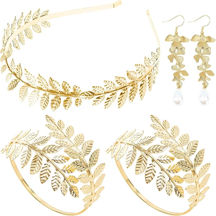 5 Pieces Greek Goddess Costume Accessories Set, 1 Piece Golden Leaf Crown Headband, 2 Pieces Coil Upper Armband Bracelet, ...