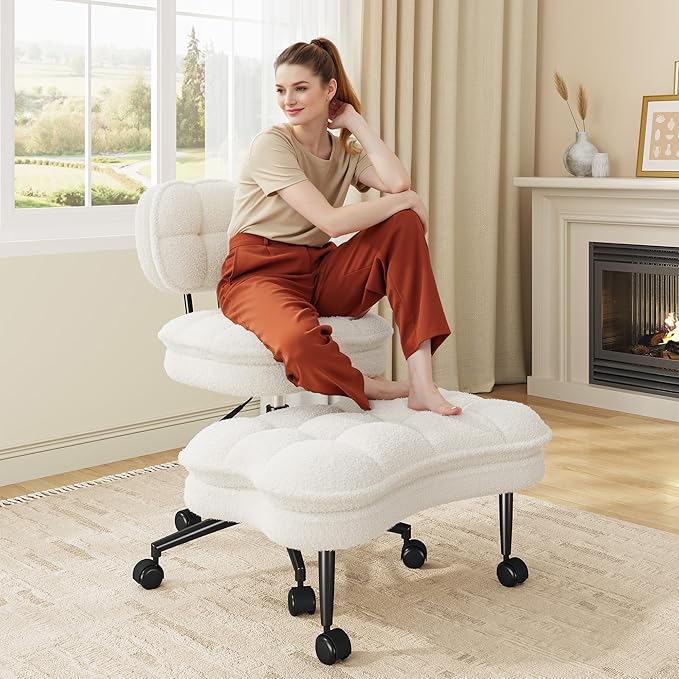 Ergonomic Cross Legged Office Chair, 360° Swivel Meditation Chair with Wheels, Kneeling Desk Chair with Height Adjustable Seat for ADHD,Relaxation, Home Office,Beige