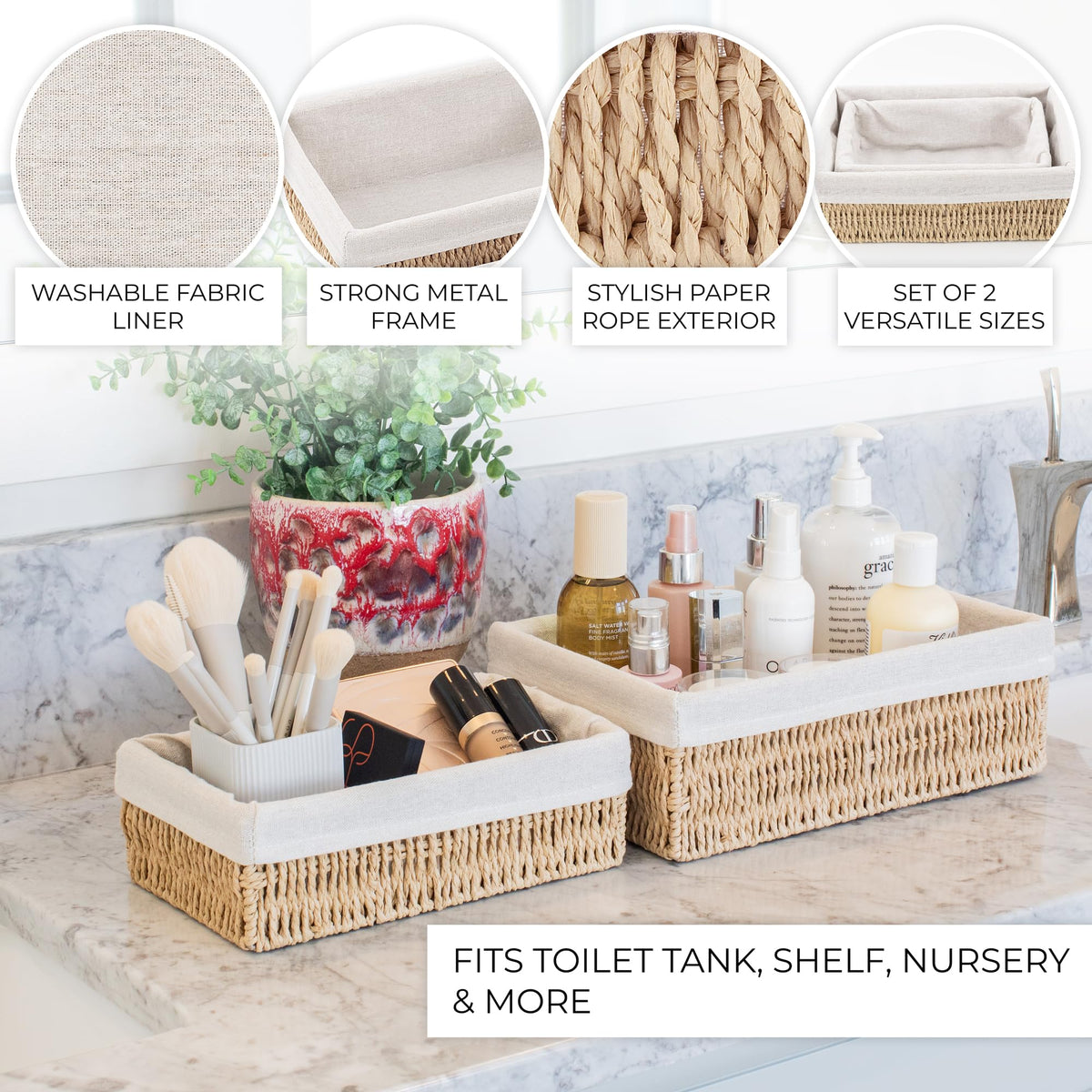 KIBAGA Beautiful Toilet Paper Storage Basket Set of 2 – Decorative Wicker Bathroom Organizer for Toilet Tank Trays - Quality Holder Bin For Shelves Fits Perfectly With Any Bathroom Decor