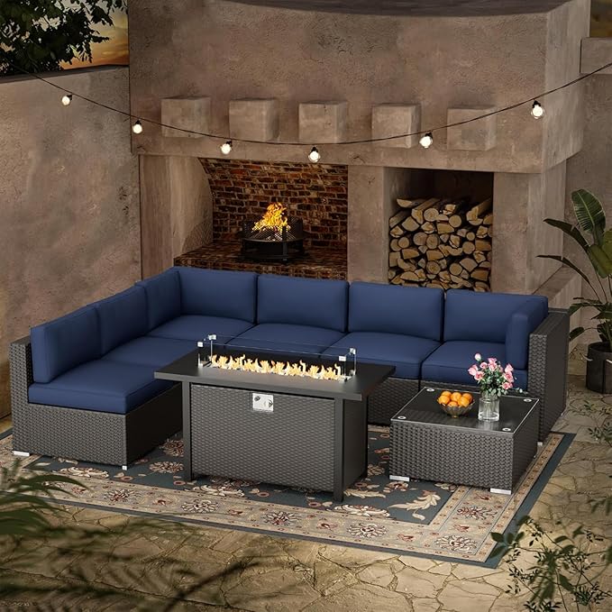 Crownland 8-Piece Outdoor Patio Furniture Sets with 45” Propane Gas Fire Pit Table, All-Weather Black Wicker Rattan Sectional Sofa with Coffee Table(Dark Blue)