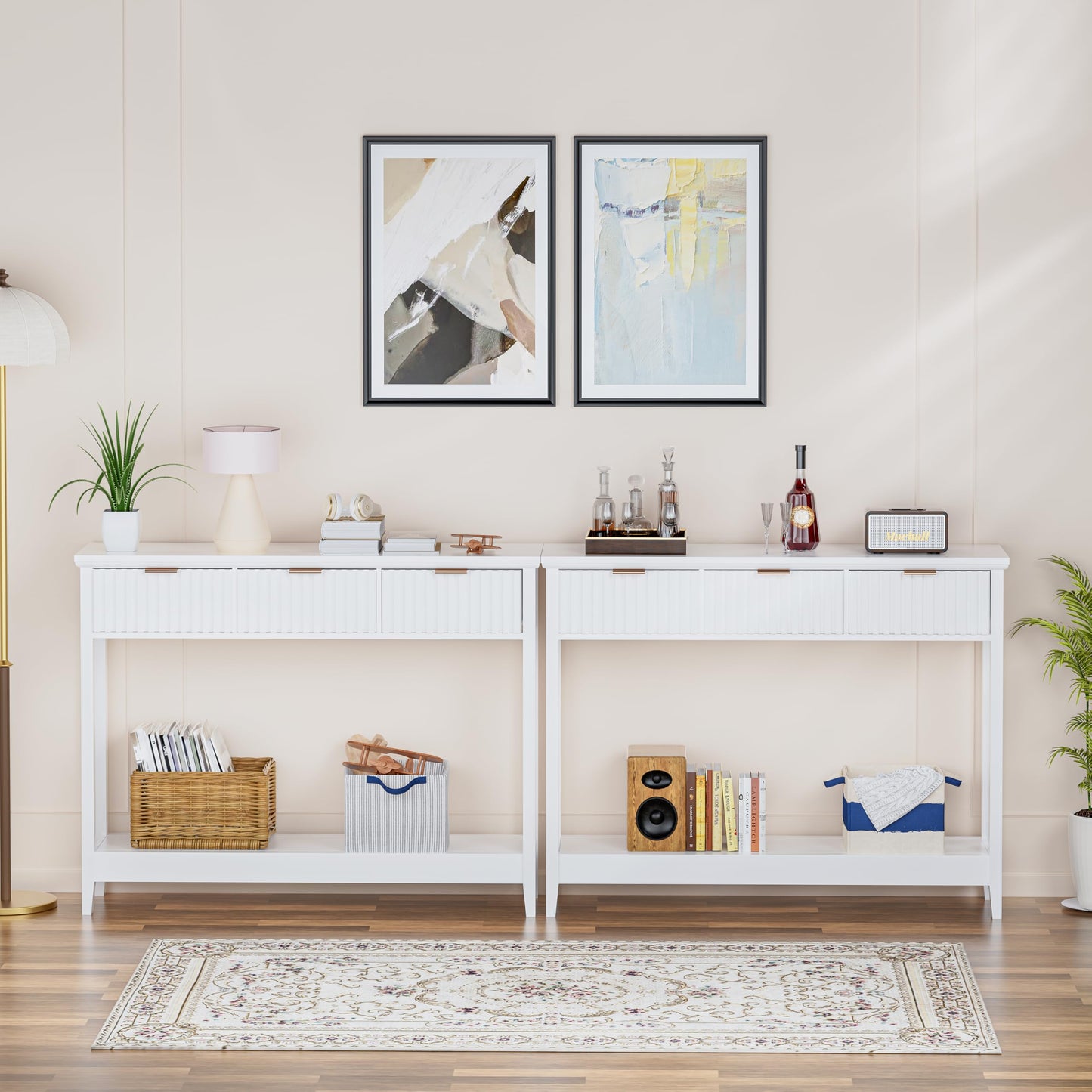 Alaxgumrol 47 inch Entryway Table with Storage, Narrow Console Table with 3 Drawers, Modern Sofa Table with Open Storage Shelf for Living Room, Foyer Hallway, White