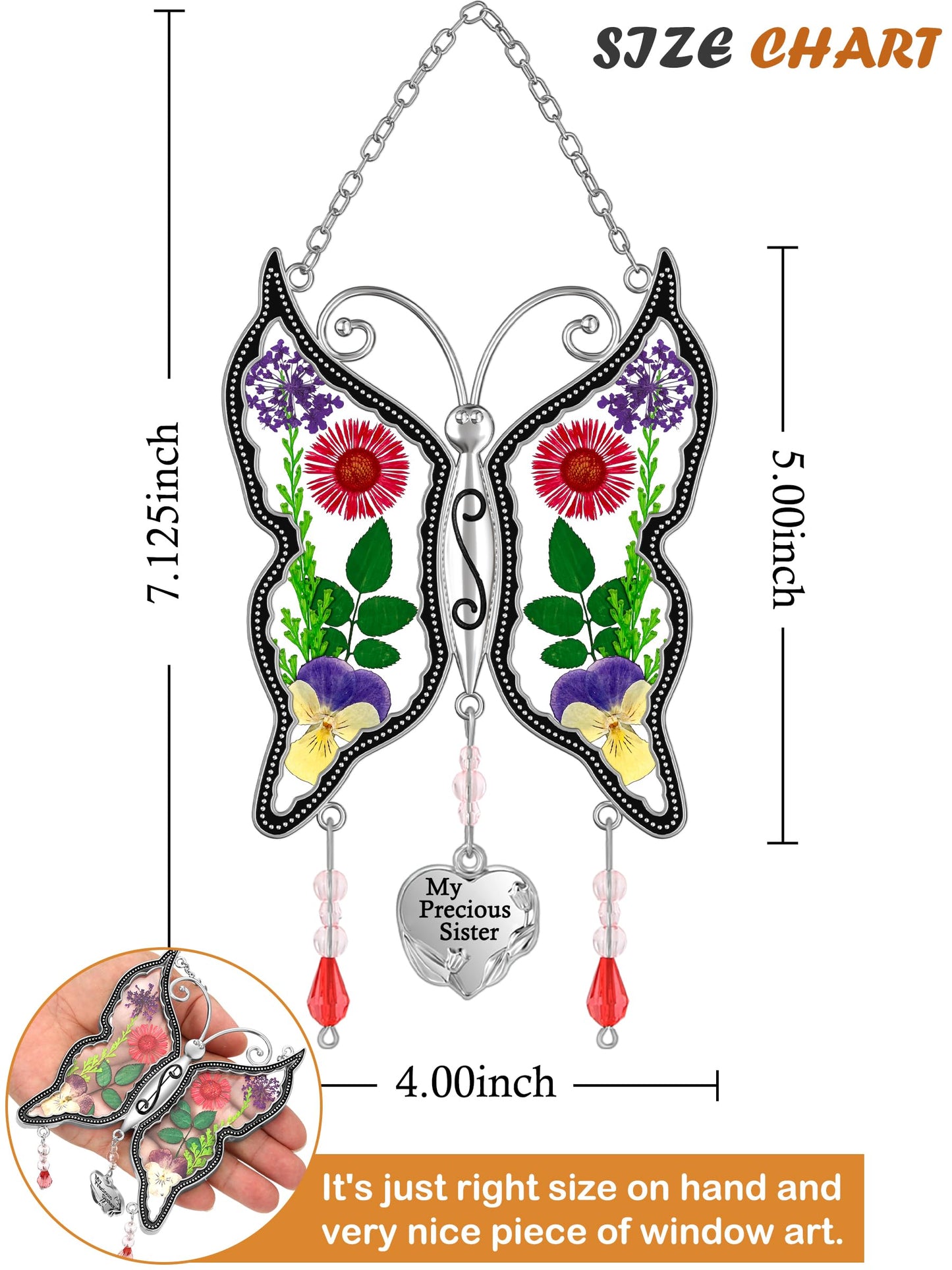 KY&BOSAM Gifts for Sister Suncatcher Butterfly My Precious Sister Stained Glass Catchers for Window Hanging Wind Chime Real Flower Wings and Heart Charm Gift for Sister Mother`s Day Birthday Christmas