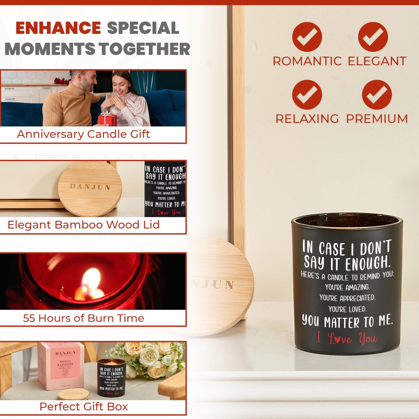DANJUN Mother's Day Candle - Anniversary or Wedding Gift for Women - Romantic Gifts for Girlfriend & Boyfriend - Wooden Base & Gift Box Included - Vanilla & Lavender Scented - 10oz
