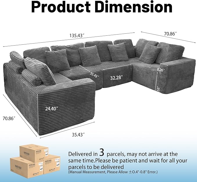 SEENYOO 135.5" Cloud Sectional Couch,Boneless Corduroy Sofa for Living Room,Oversized U Shaped Sofa with Chaise,Deep Seat,No Assembly Required,Modular Sectional Sofa（Grey）
