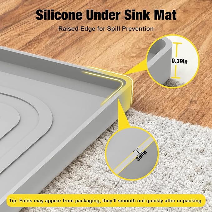 Under Sink Mat 28" X 19", Waterproof Silicone Under Sink Mats for Kitchen, Anti-Leak Shelf Liner & Cabinet Protector with Raised Edge, [BPA Free] Bathroom Tray Home Organizer, Light Grey