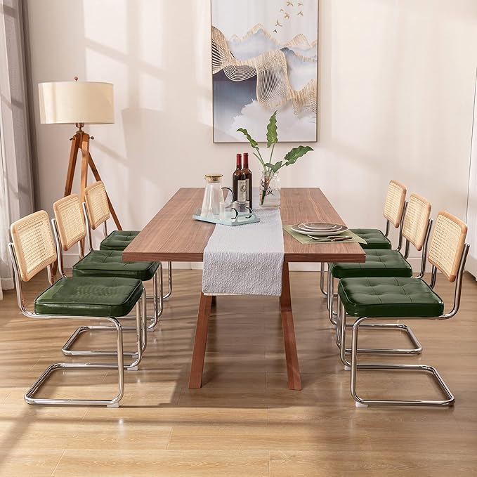 Zesthouse Natural Rattan Dining Chairs Set of 6, Modern Dining Room Chairs with Solid Wood Back for Kitchen Living Room, Mid Century Breuer Design Inspired, Upholstered Faux Leather Green