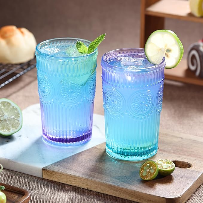 Loivttvv 6pcs Vintage Drinking Glasses Set, 12 oz Glass Cups, Embossed Ribbed Glassware Drinking Glasses for Cocktail, Wat...