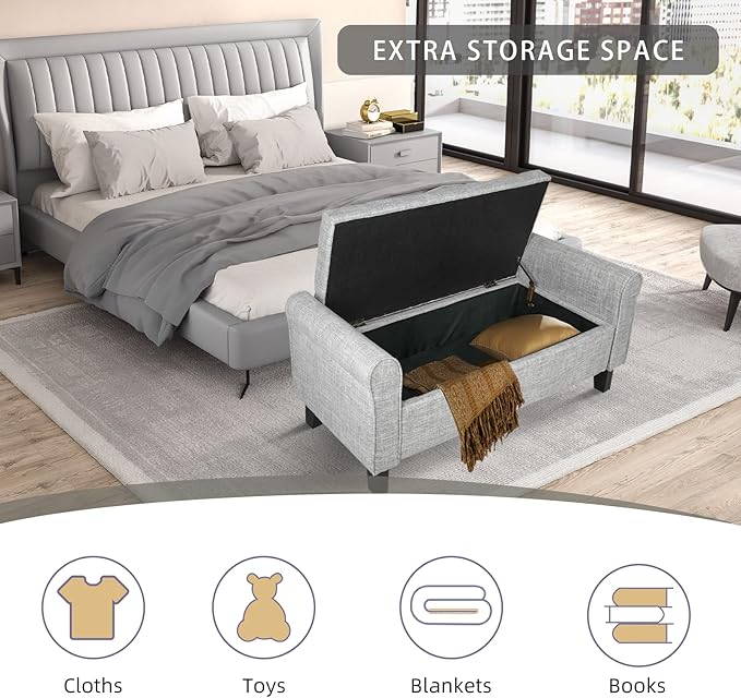 Babion Storage Bench for Bedroom, Button Linen Fabric, 51Inch, End of Bed Storage, Upholstered Rolled Arm Window Seat with Solid Wood Legs, Light Grey