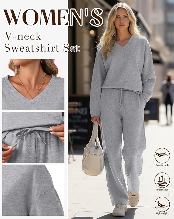 JoyMotion 2 Piece Women's Sweatsuit, V Neck Oversized Tracksuit Wide Leg Pant Fall Lounge Set Long Sleeve Sweatshirts Outfit