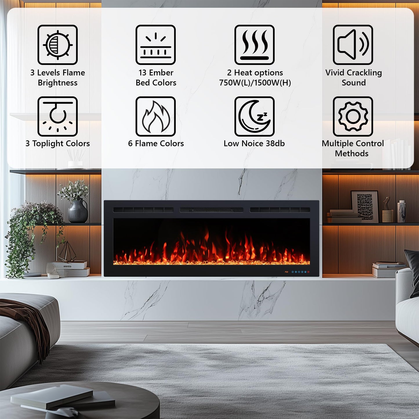72 inch Electric Fireplace Heater, Smart Control via Alexa& App, Recessed and Wall Mounted Fireplace Insert with Multicolor Realistic Flame Effects,Crackling Sound and Logs& Crystal,5100Btus, Black