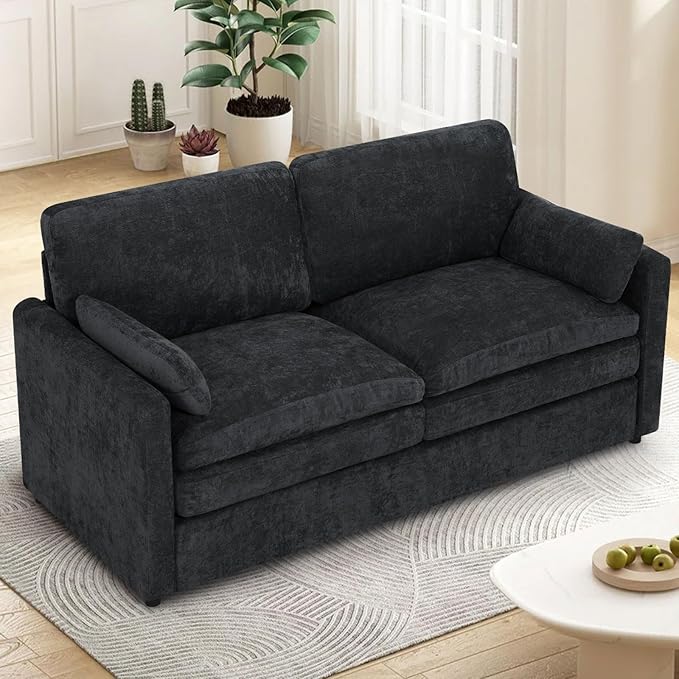 ACMEASE 3 Pieces Chenille Sofa Set w/Arm Pillows, Upholstered Loveseat & 2 Pieces 3 Seater Sofa w/Comfortable Back Cushions, Modern 2-Seat & 3-Seat w/High-Density Foam for Living Room, Black