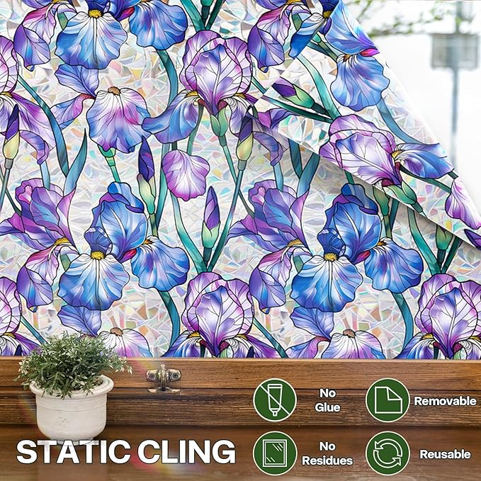 Stained Glass Window Film UV Resistant Window Privacy Film Purple Floral Privacy Rainbow Decals Living Room Bedroom Sun Blocking Decor Removable Static Cling Stickers 17 x 39.37 Inch