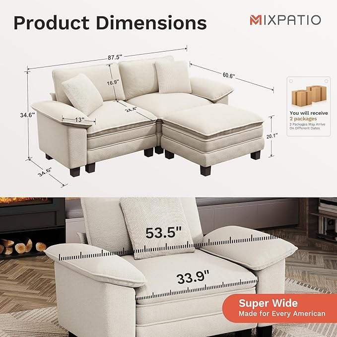87-Inch L Shaped Sectional Sofa with Cloud Cushions, Deep Seat Modular Couch Set w/ 3 Seats & 1 Ottomans, Removable Arms, Plush Chenille Upholstery for Living Room, Apartment - Beige
