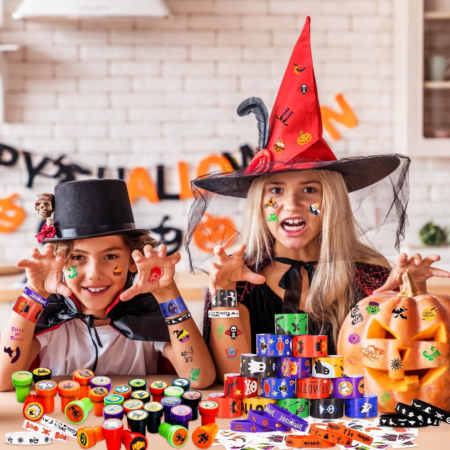 Halloween Party Favors for Kids Toys 264pcs Halloween Prizes Bulk for Kids, Goody Bag Fillers including Stamper Tattoos Slap Bracelets Rubber Bracelets Treats Non Candy Party Supplies
