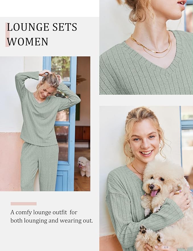 Ekouaer Lounge Sets for Women Long Sleeve Knit Ribbed Pajama Sets 2 Piece Casual Loungewear with Pockets