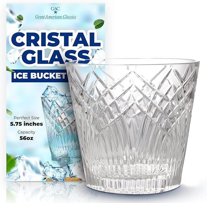 GAC Mouth-Blown Crystal Glass Ice Bucket – 56oz Capacity, 5.75" Tall, Crafted with Diamond Wheels for Ideal Cutting Desig...