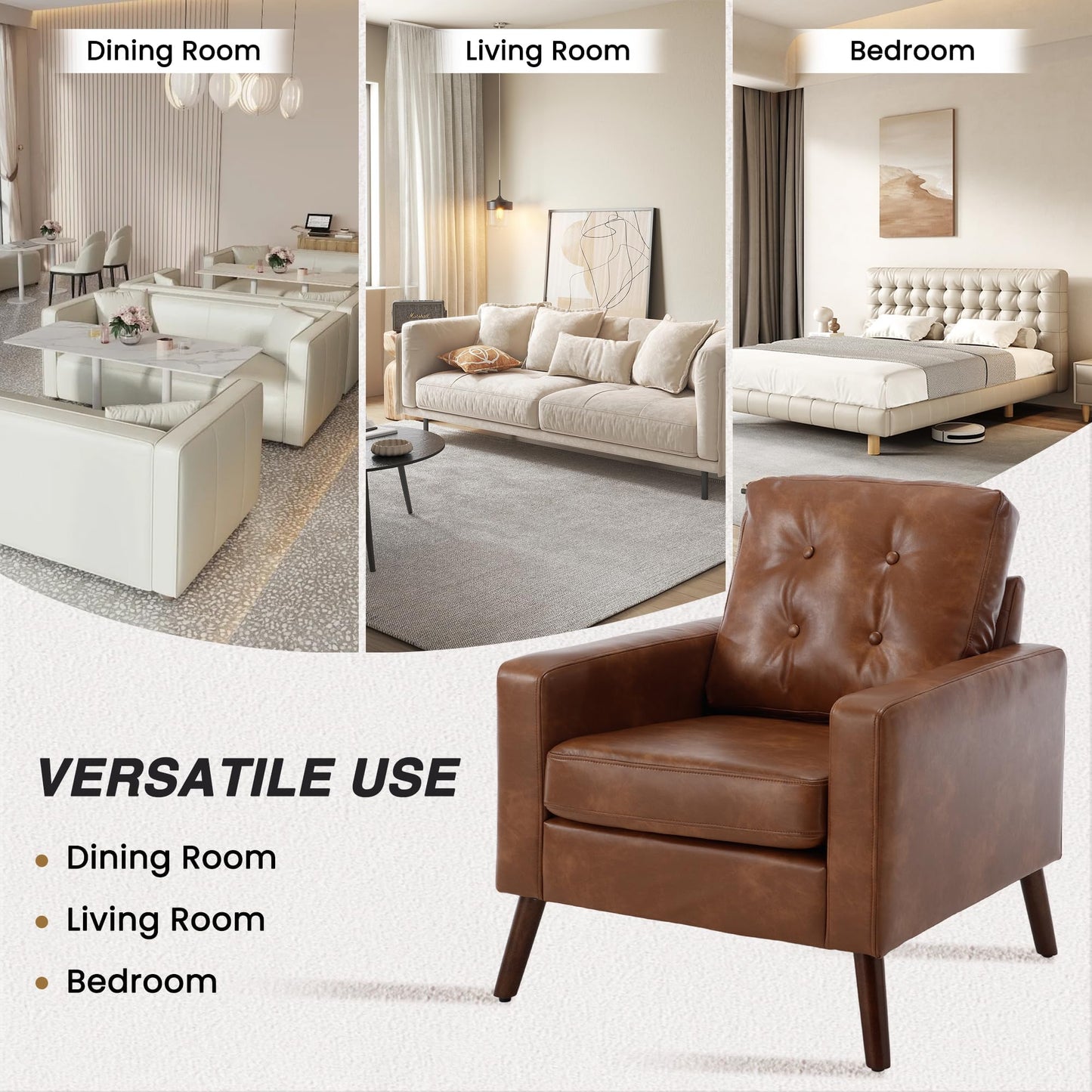 Wahson Office Chairs PU Accent Arm Chair with Tufted Back, Faux Leather Comfy Upholstered Single Sofa, Mid Century Modern Side Club Chair with Wood Legs for Reading/Living Room/Bedroom, Caramel