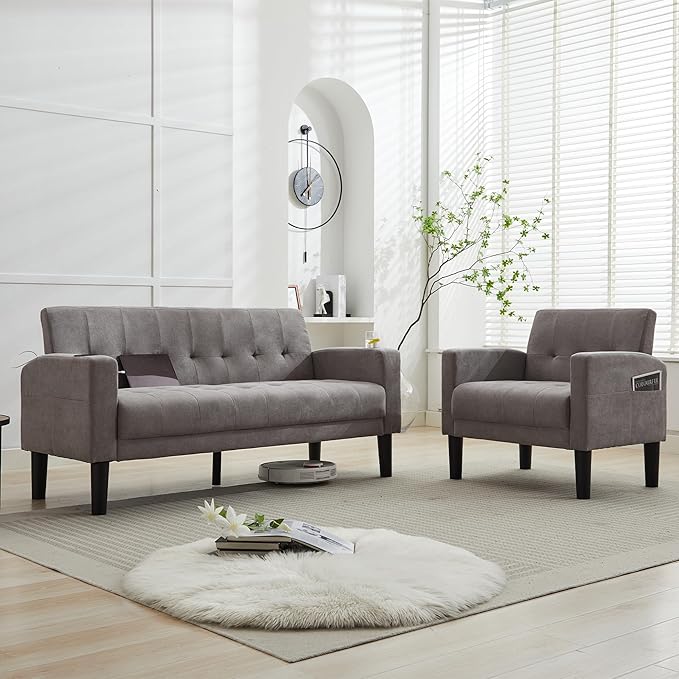 TYBOATLE Sofa Couch, Living Room Furniture Sectional Sofa Sets 2 Pic, Tufted Mid-Century Loveseat w/USB, Cupholders & Comfy Single Sofa for Small Space, Apartment, Office (Light Grey)