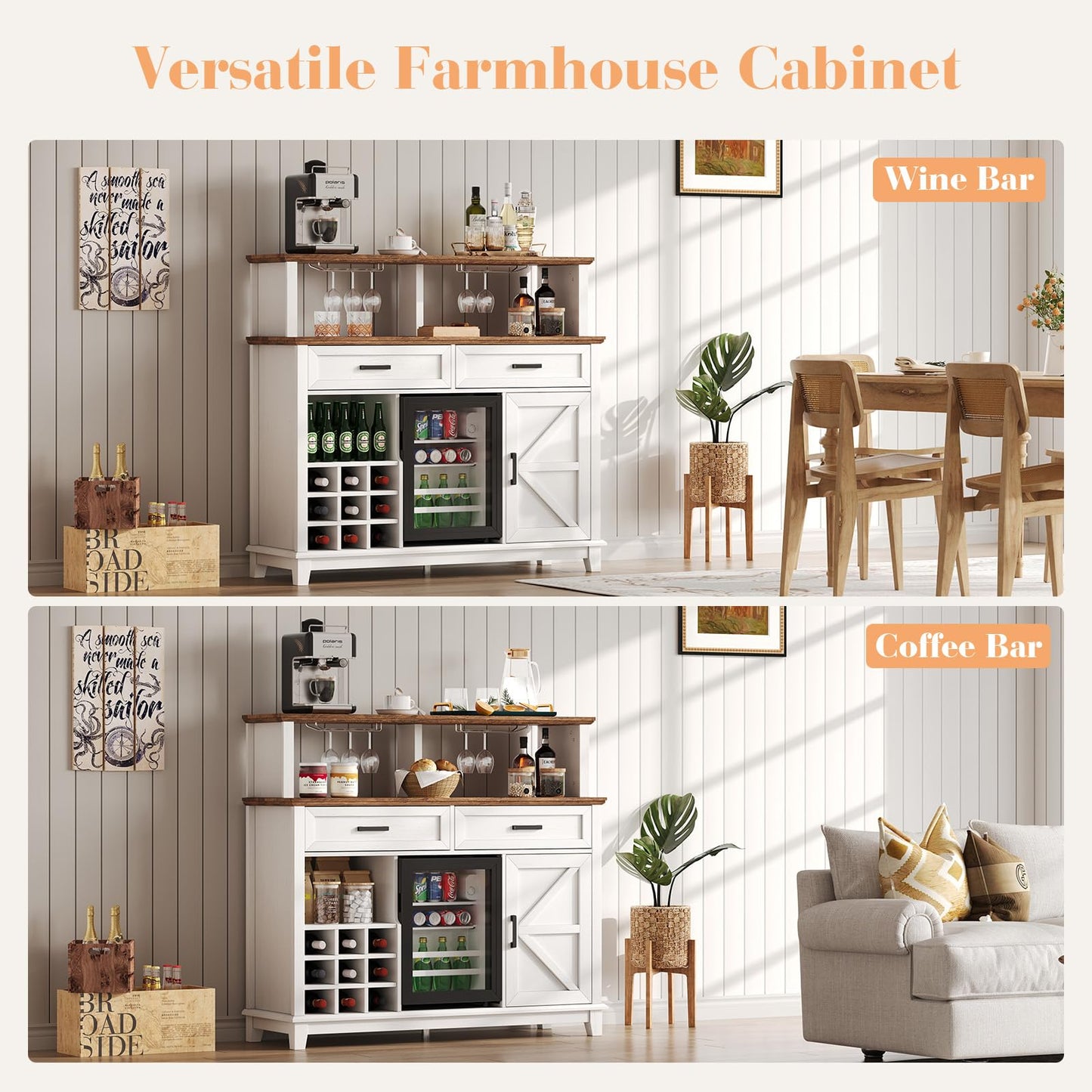 AMERLIFE 47" Farmhouse Coffee Bar Cabinet with 15" Refrigerator & Wine Rack & Glass Holder, Wine Cabinet with Storage Drawers & Open Shelves, Sideboard Buffet Cabinet for Dinging Room, Living Room