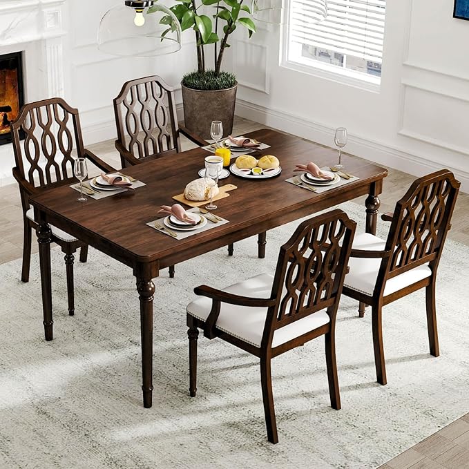 chairus Farmhouse Dining Chairs Set of 4, French Country Vintage Wooden Dining Room Chairs with Arm, Lattice Back & Turned Legs, Rustic Chenille Upholstered Nailhead Trim Kitchen Chairs, Walnut Brown