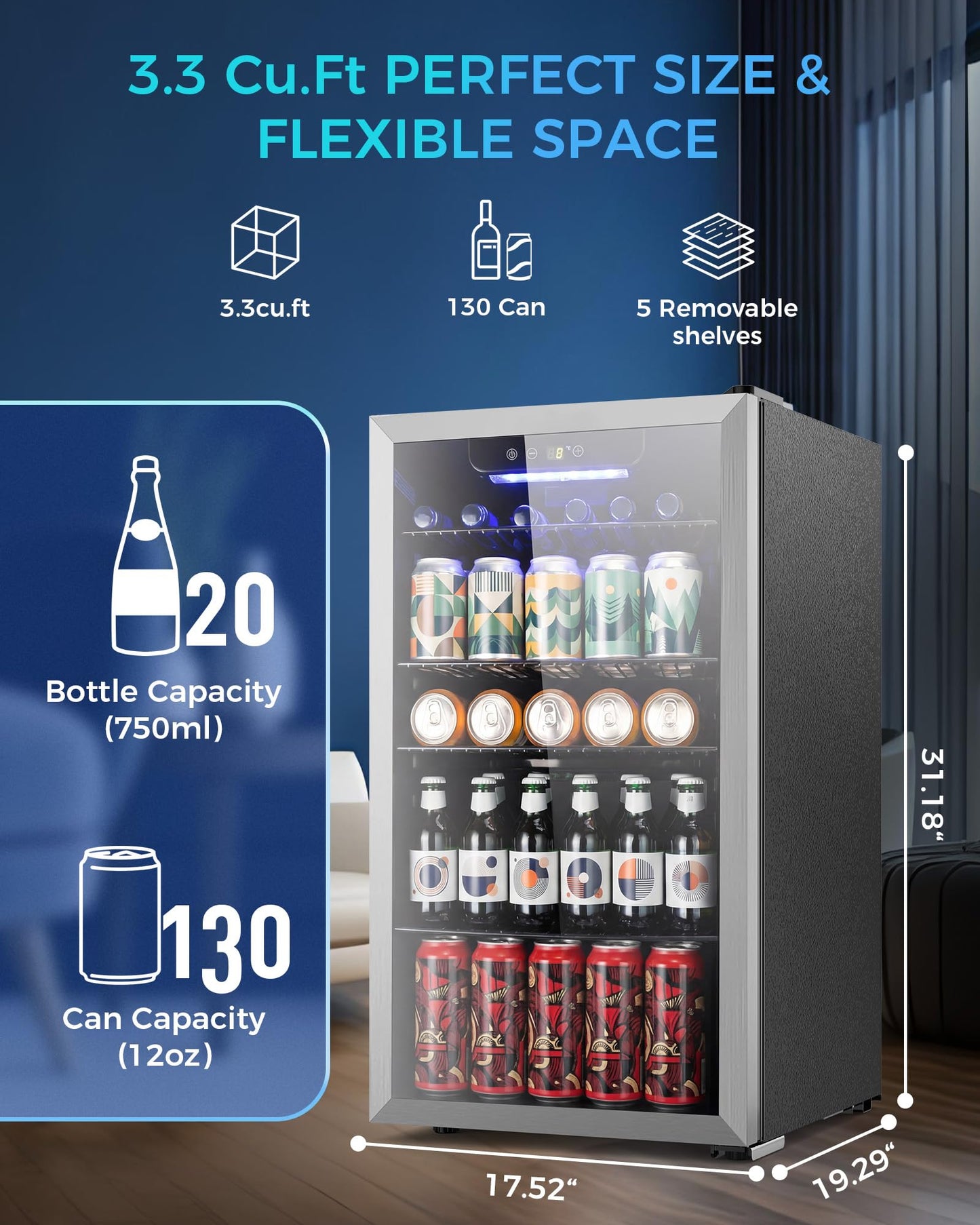 Electactic Mini Fridge 130 Can Beverage Refrigerator Cooler, 3.1 Cu.Ft Drink Fridge Silver Glass Door for Soda Wine Beer, Digital Temperature Control Cooler for Home,Bar