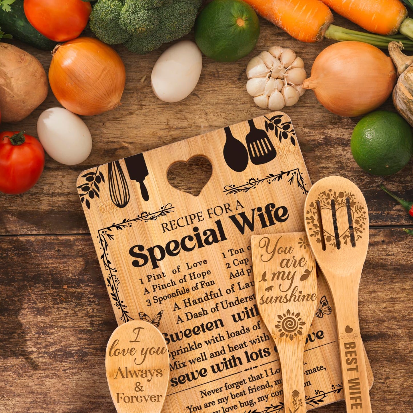 Gifts for Wife - "Recipe for a Special Wife" Birthday Gifts for Wife Cutting Board Set, Bamboo-Made Engraved Utensil Set Wife Gifts for Birthday/Christmas Gifts for Wife