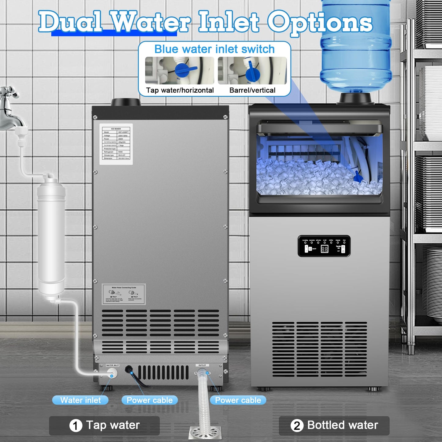 Ice Machine Commercial Ice Maker Machine 120lbs/24H with 22lbs Storage, Stainless Steel Freestanding Ice Machine 40Ice/Cycle 2 Water Inlet Modes, Self-Cleaning Function for Homes Bars Restaurants