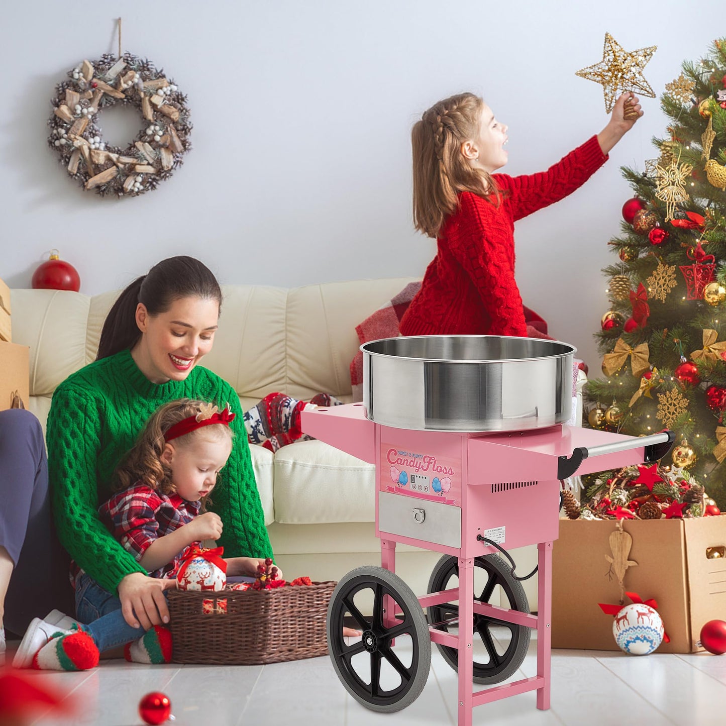 RIEDHOFF Cotton Candy Machine with Cart, Electric Cotton Candy Maker with 20 inch Stainless Steel Bowl for Family, Party, Amusement Park, Carnival- Pink