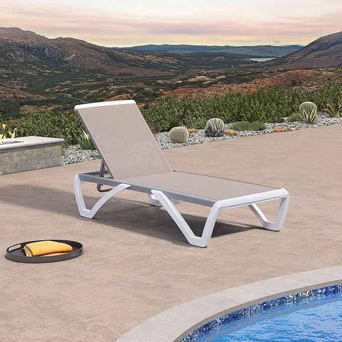 PURPLE LEAF Patio Chaise Lounge Chair Outside Aluminum Plastic Stackable Tanning Chairs for Pool Sunbathing Beach Deck Outdoor Lounger, Khaki