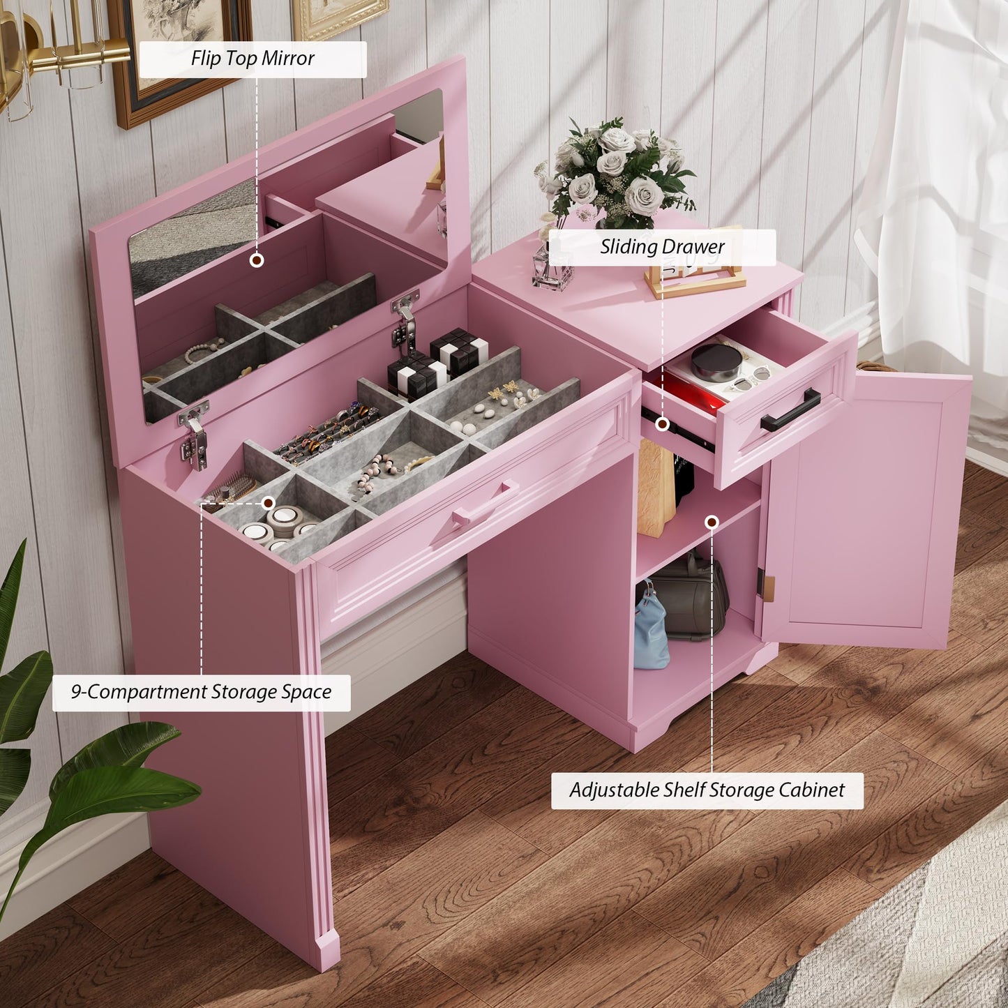FOMNEY Farmhouse Vanity Desk with Flip Top Mirror, 43.3" W Makeup Vanity with Drawers, Storage Cabinet, Dressing Make Up Vanity Table for Bedroom, Wood Home Office Desk, Pink