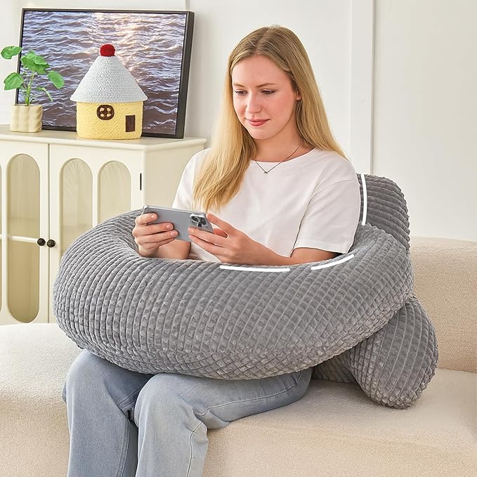 PAJEO Reading Pillow for Bed,U Shaped & Back Support Pillow for Bed,19" Backrest with Lumbar & Arm Support,Comfy Flannel Fabric,Lap Pillow for Gaming/Reading/Watching TV,Gray
