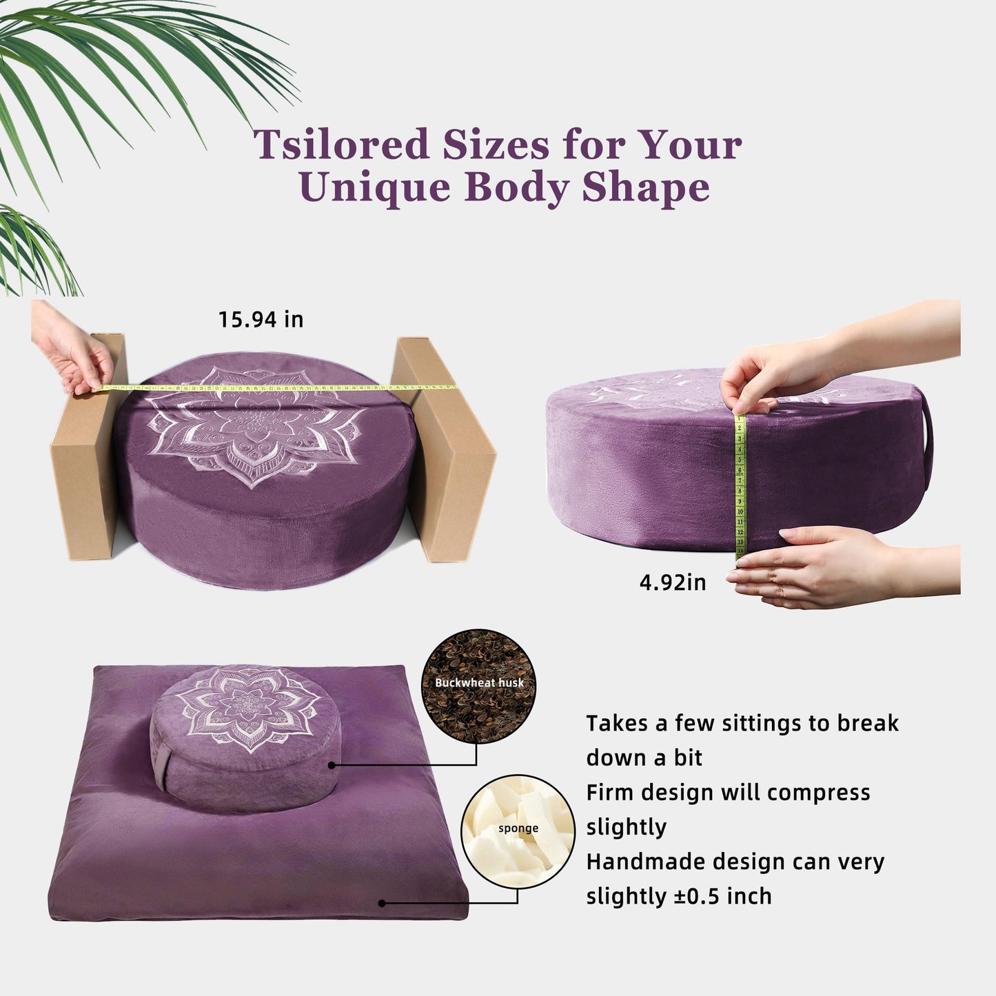 hunnidspace Meditation Zafu Cushion Set with Buckwheat Hulls & Memory Foam - Ergonomic Support for Yoga & Sitting - Removable Machine-Washable Luxury Velvet Cover - for Adults and Kids (Purple)