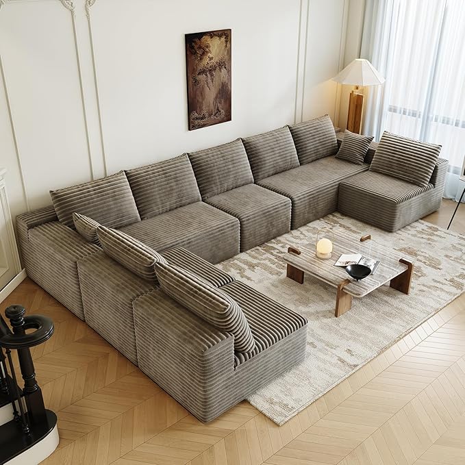 139.4" Modular Sectional Sofa Couch, Oversized U-Shaped Minimalist Couches with 4 Middle Seats Chaise, Modern Deep Seat Cloud Plush Corduroy Sofas Set for Living Room, 8 Seater, Camel