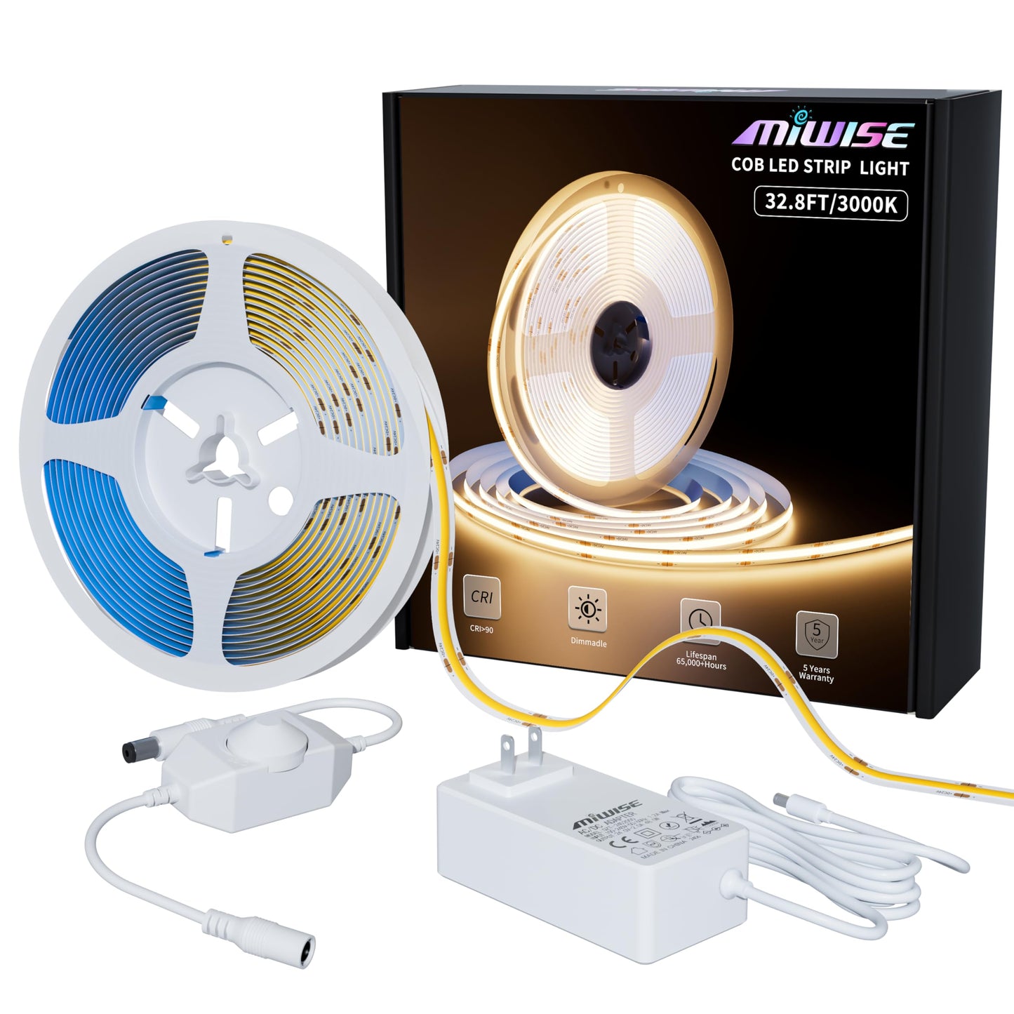 MIWISE COB LED Strip Light 32.8ft/10m,CRI 90+ Warm White 3000K High Lumen Dimmable Super Bright Flexible DC24V LED Tape Light with Controller/Dimmer,for Cabinet Home Office DIY Lighting Projects