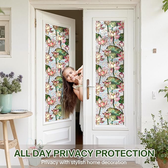 Stained Glass Window Film UV Resistant Window Privacy Film Lotus Floral Privacy Rainbow Decals Living Room Bedroom Sun Blocking Decor Removable Static Cling Stickers 17 x 39.37 Inch