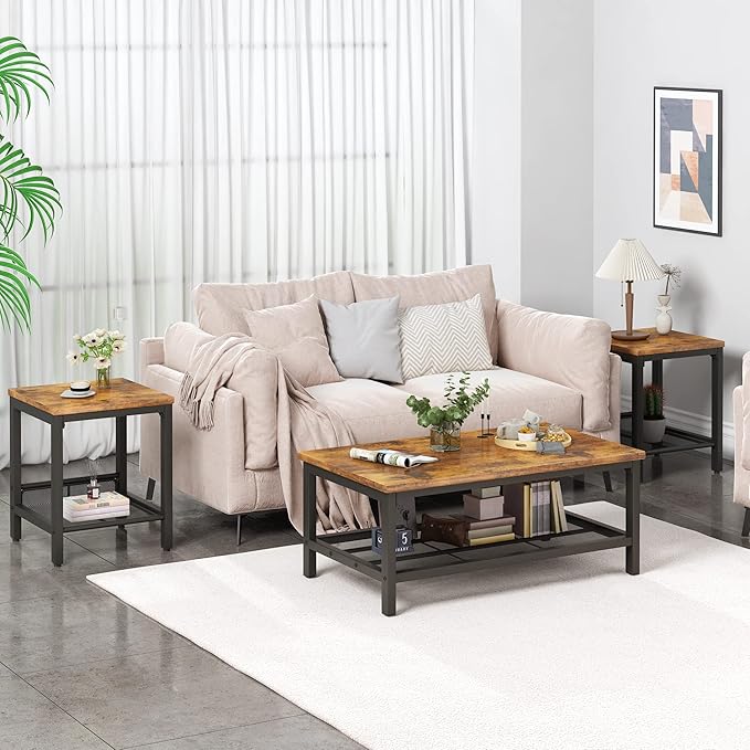 AWQM Coffee Table Industrial Coffee Table with 2 Square End Side Tables, Modern Living Room Table Set with Metal Frame for Apartment Home Office, Rustic Brown Set001