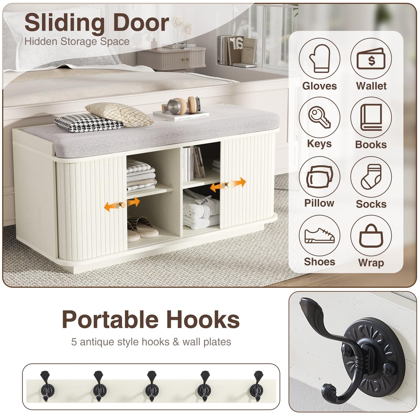 AKMAKM Cream White 39.4" W 2-Tier Shoe Bench | Entryway Bench with Padded Cushion, Sliding Doors & 5 Hooks for Hallway, Mudroom