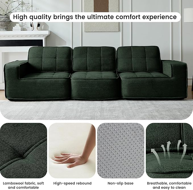 108" Boneless sectional Couch for Living Room,Convertible L-Shape Fleece Couches with Ottoman, Cloud Modular Sofa with Deep Seat for Bedroom, No Assembly,Green